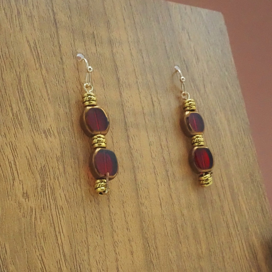 Ruby Table Cut Glass Lentil Bead Dangle Earrings