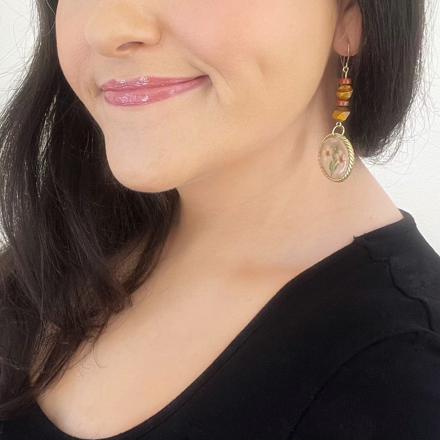 Resin Flower Earrings - With Tiger Eye and Red Agate Beads