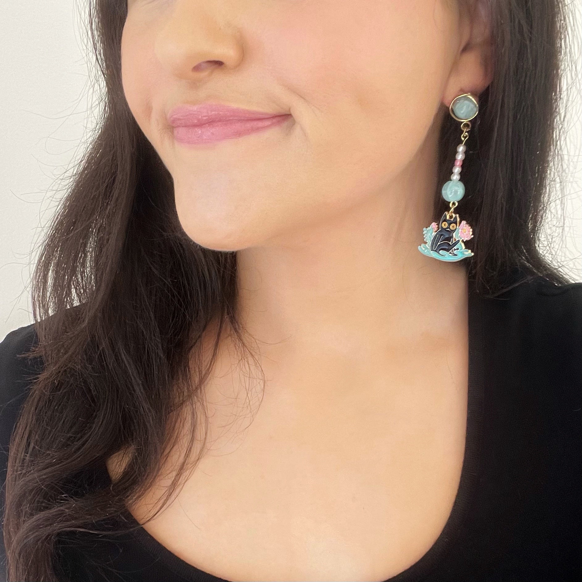 Stud Cat Dangle Earrings