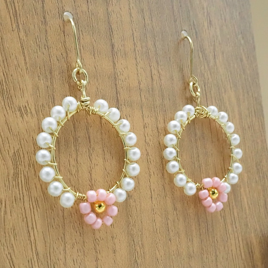 Faux Pearl Floral Dangle Hoops
