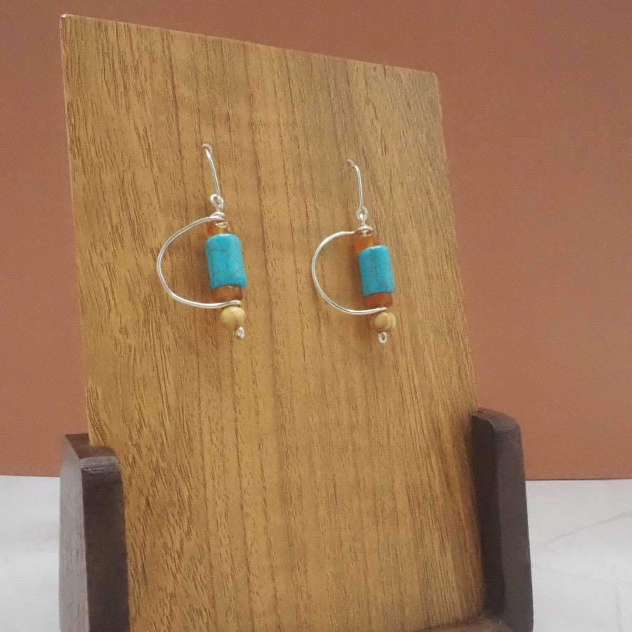 Reconstituted Howlite Turquoise, Natural Wood and Red Agate Geometric Earrings