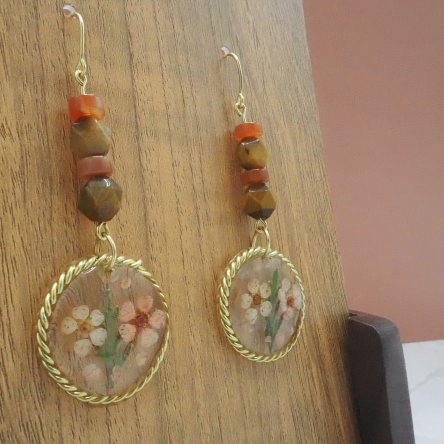 Resin Flower Earrings - With Tiger Eye and Red Agate Beads