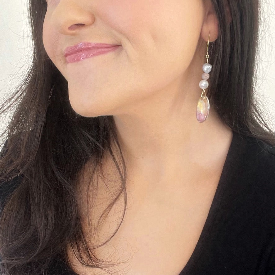 Rose Quartz, Pearl Nugget and Resin Drop Earrings