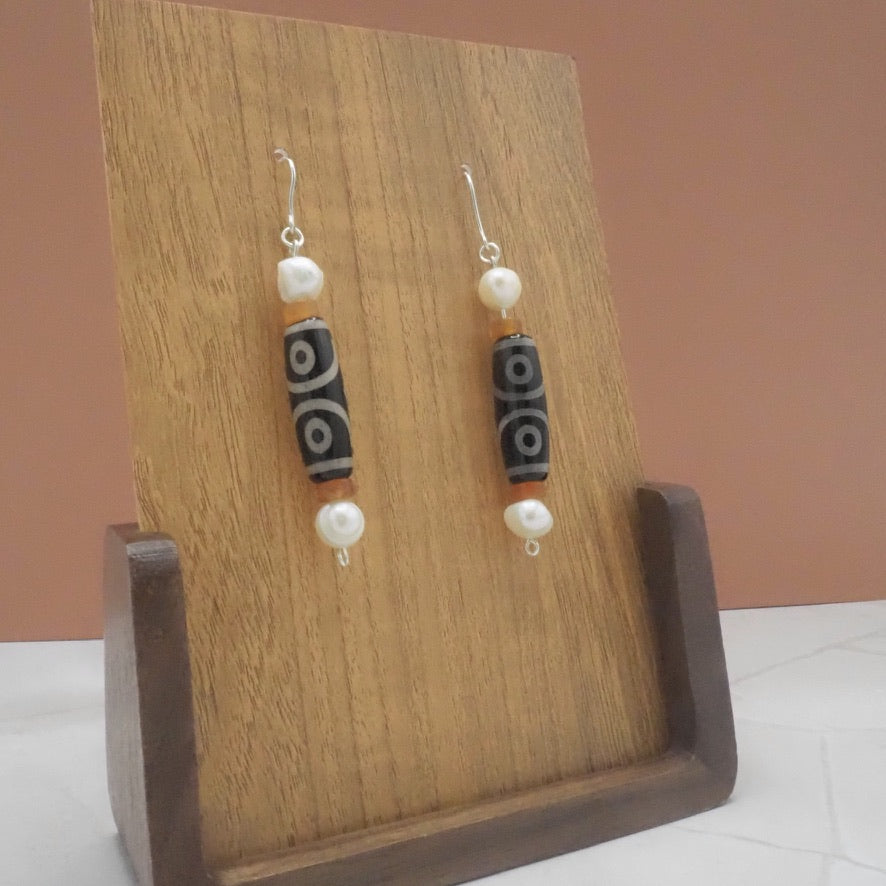 Painted Agate Oval, Red Agate and Pearl Nugget Earrings