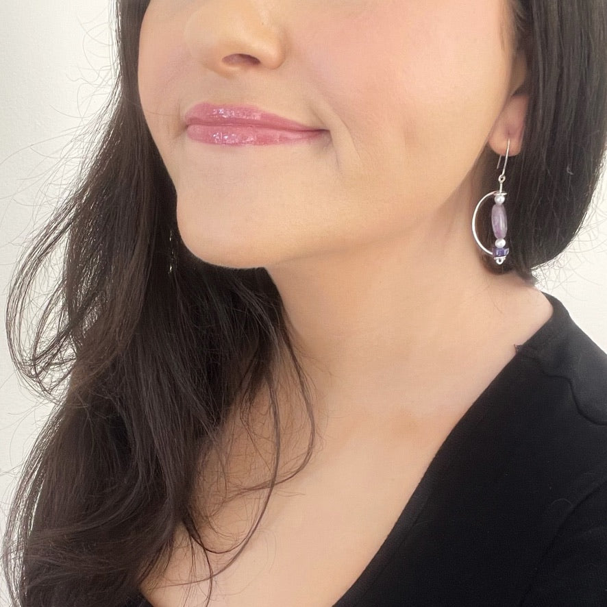 Amethyst, Purple Agate and Faux Pearl Geometric Dangle Earrings