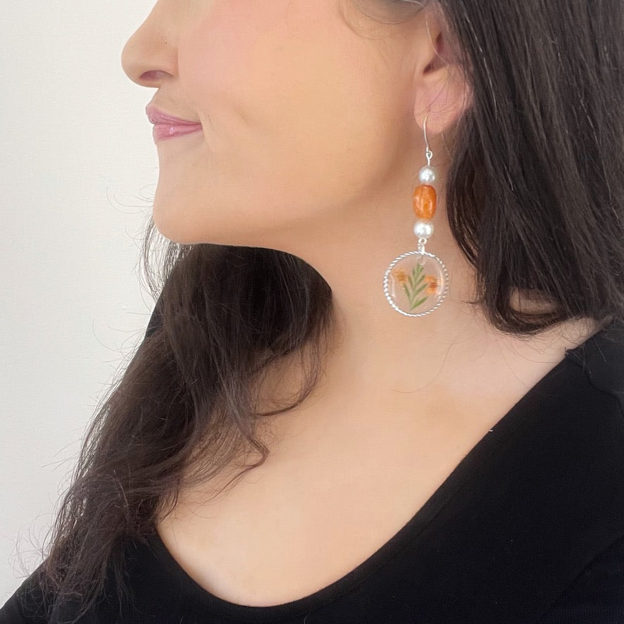 Flower Resin Earrings with Dyed Quartz and Faux Pearls