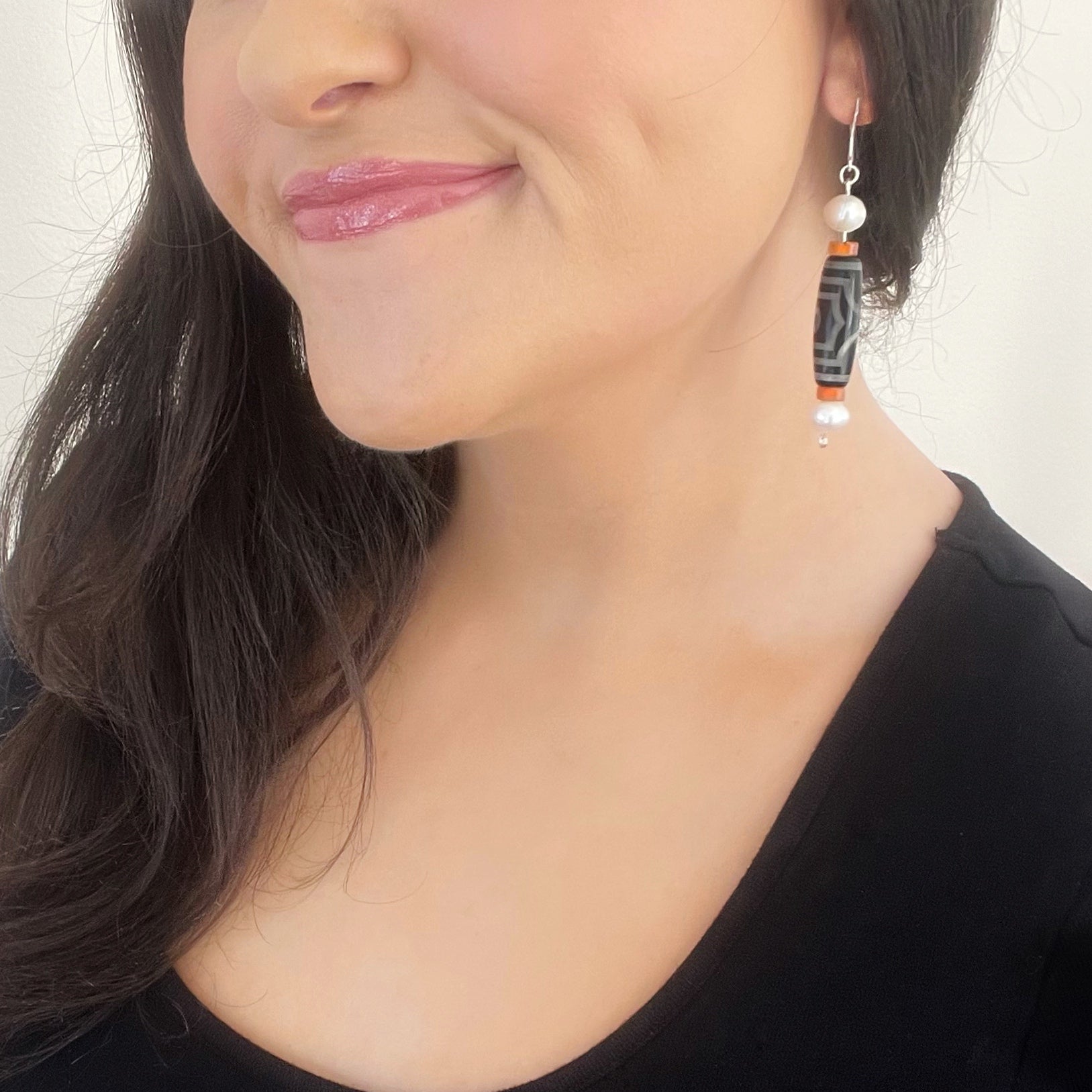 Painted Agate Oval, Red Agate and Pearl Nugget Earrings