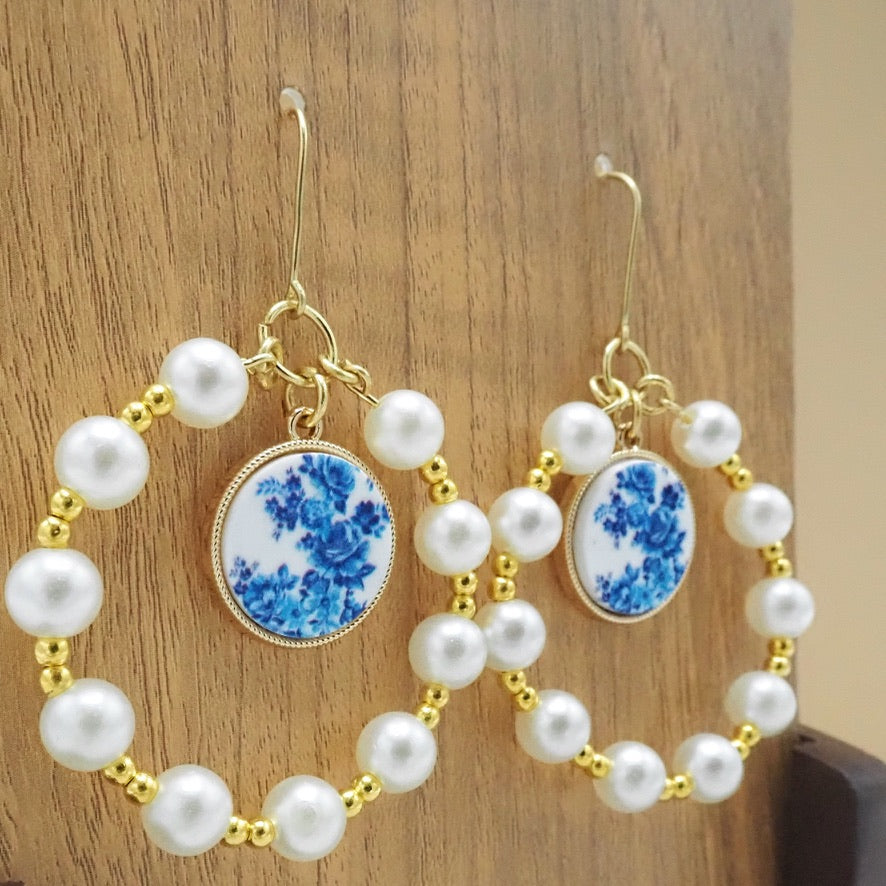 Faux Pearl Hoops with Vintage Floral Print Charm