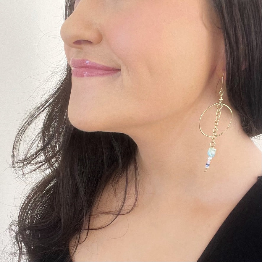 Chain Dangle Hoops with Glass Bead Charms and Faux Pearls