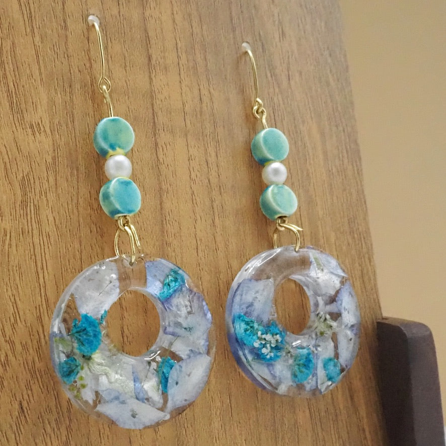 Resin Floral Dangle Earrings with Ceramic Turquoise Beads and Faux Pearls