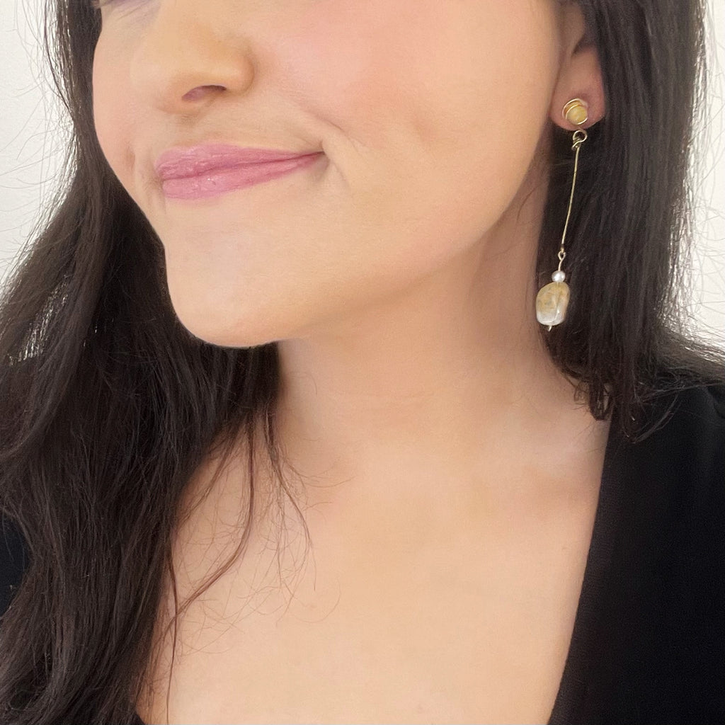 Citrine Chunk, Yellow Agate and Faux Pearl Stud Dangle Earrings