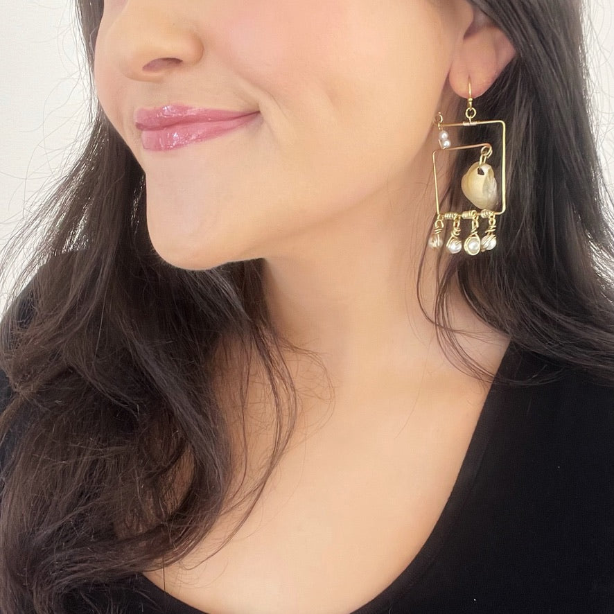 Mermaid Fingernail and Faux Pearl Geometric Earrings