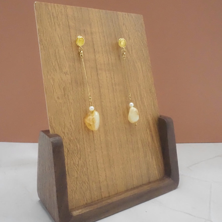Citrine Chunk, Yellow Agate and Faux Pearl Stud Dangle Earrings