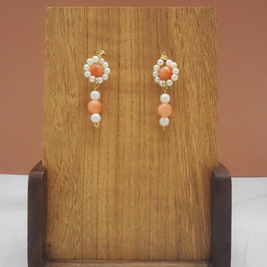 Ruby Quartzite and Faux Pearl Flower Stud-Drop Earrings