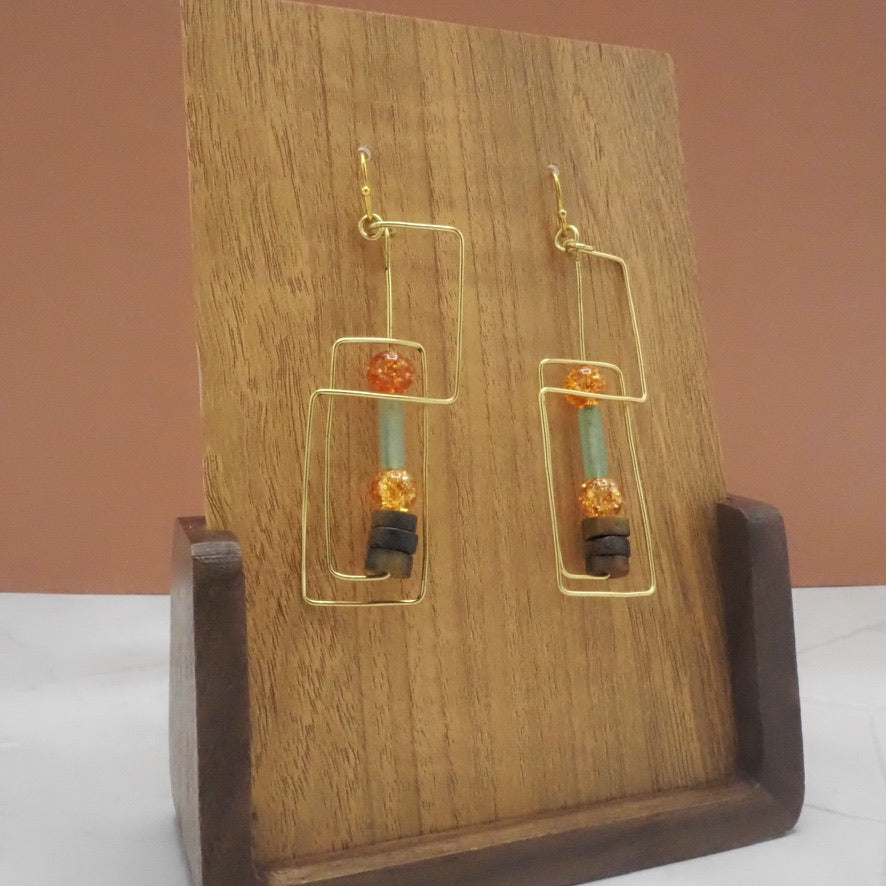 Geometric Earrings with Crackled Quartzite, Green Aventurine and Wood Beads