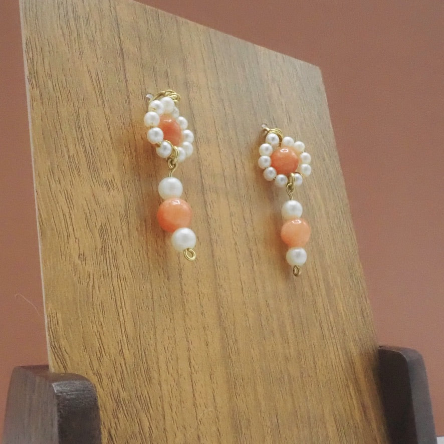 Ruby Quartzite and Faux Pearl Flower Stud-Drop Earrings
