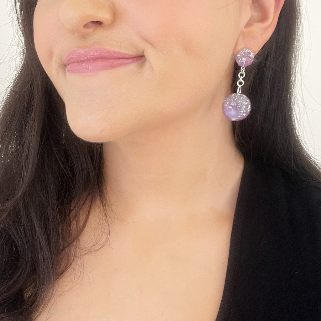Purple Sparkle Resin Stud Dangle Earrings