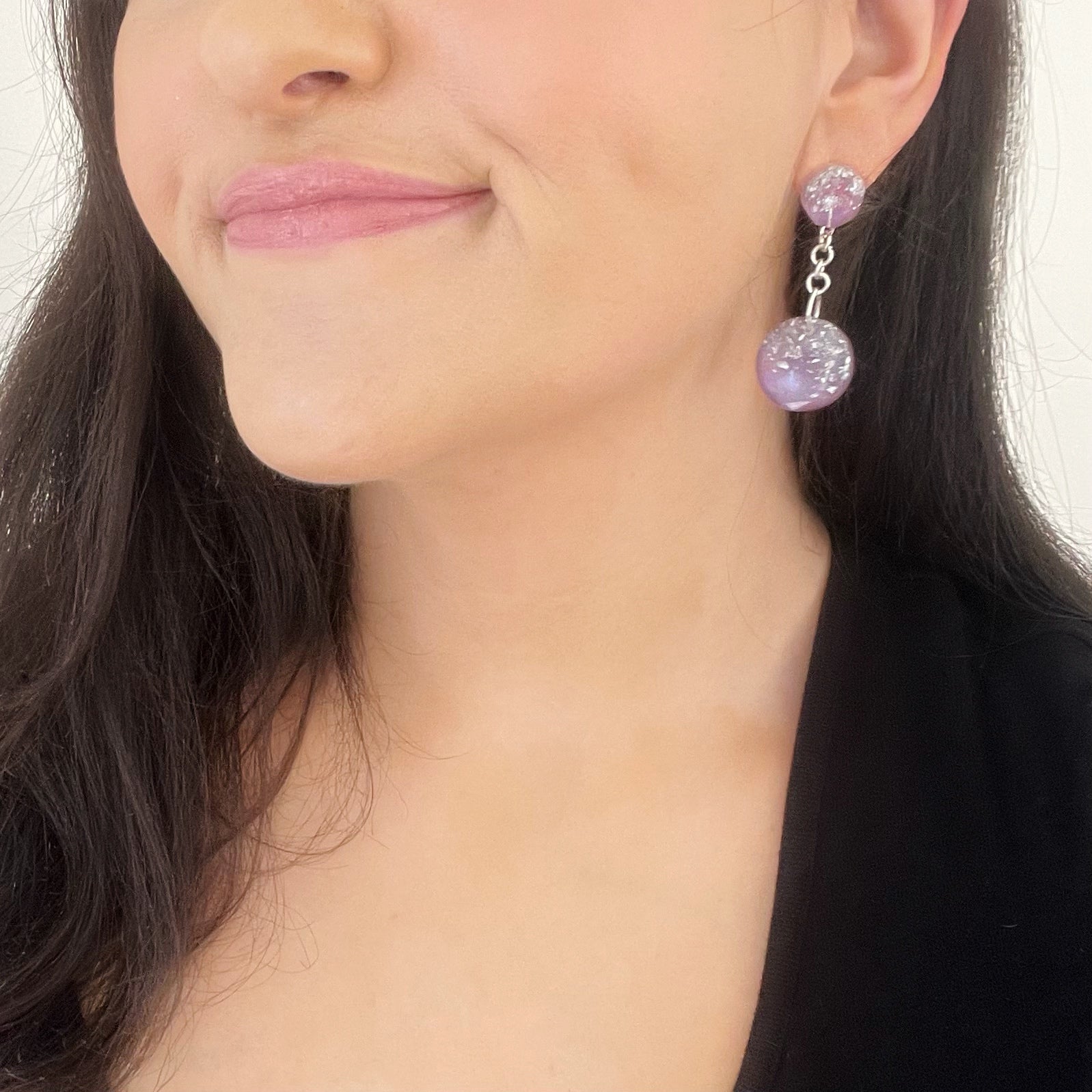 Purple Sparkle Resin Stud Dangle Earrings
