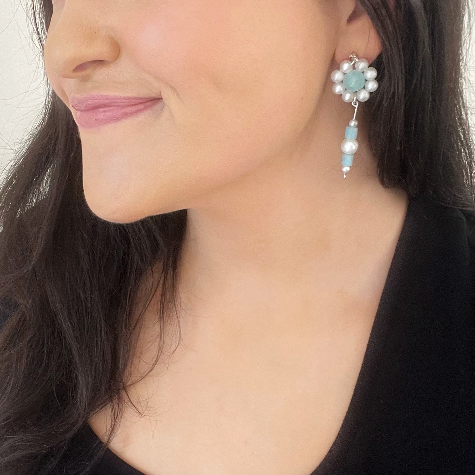 Aqua Glass Bead and Faux Pearl Flower Stud-Drop Earrings
