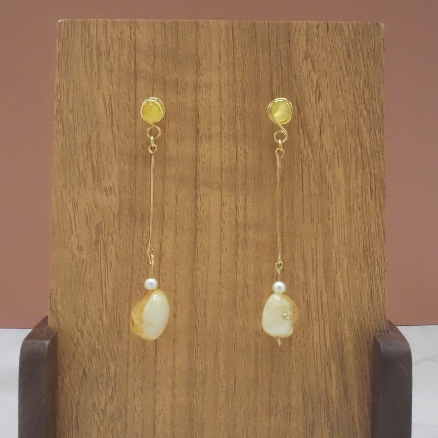 Citrine Chunk, Yellow Agate and Faux Pearl Stud Dangle Earrings