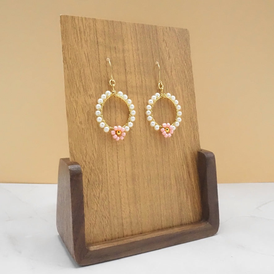 Faux Pearl Floral Dangle Hoops