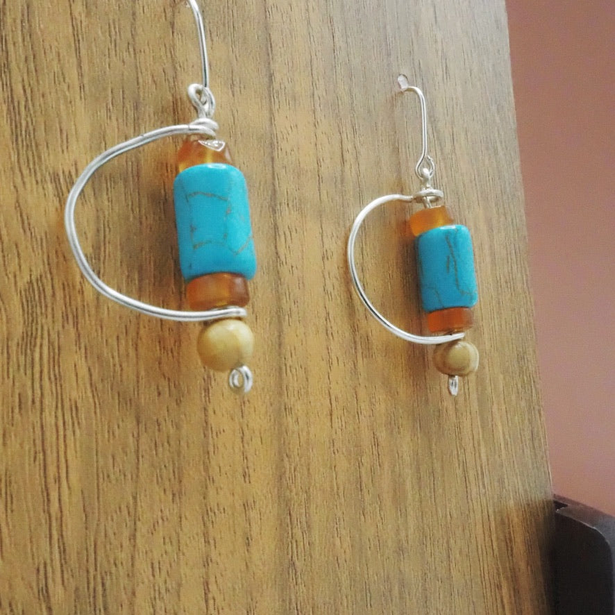 Reconstituted Howlite Turquoise, Natural Wood and Red Agate Geometric Earrings