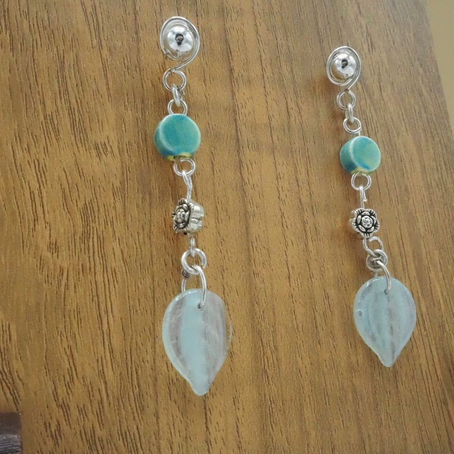 Stud Glass Leaf Dangle Earrings