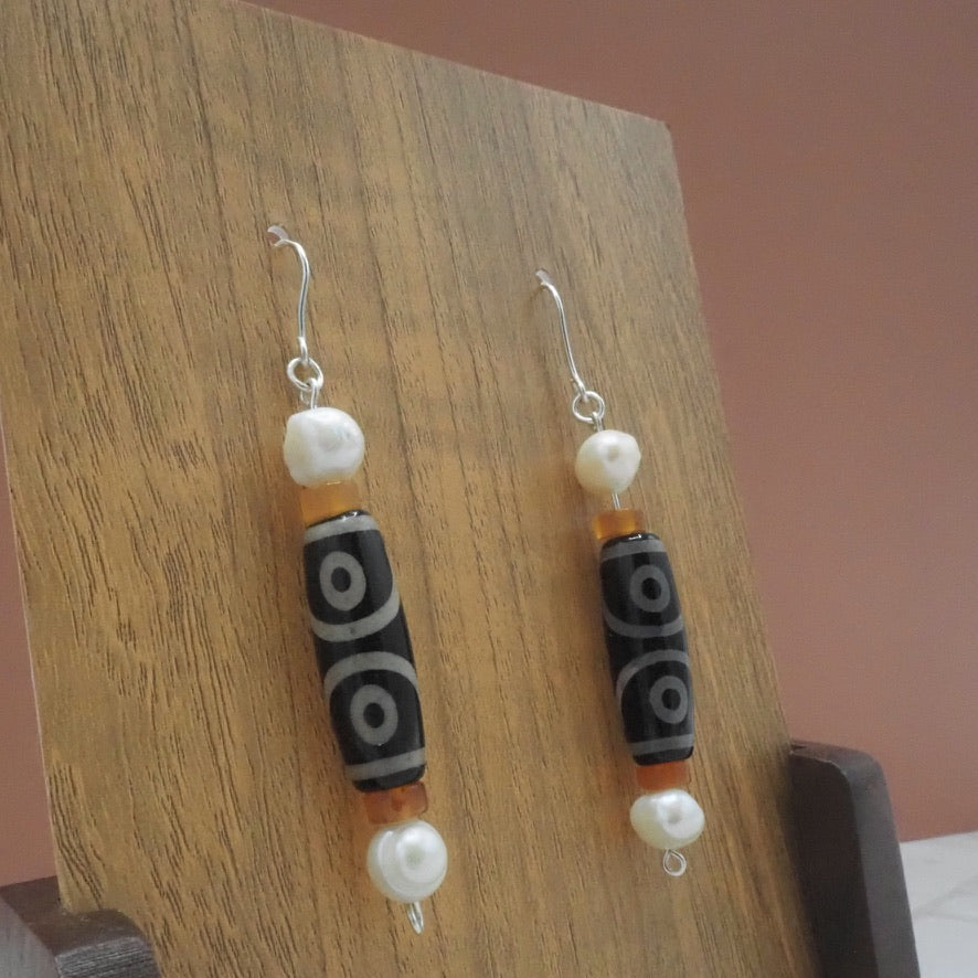 Painted Agate Oval, Red Agate and Pearl Nugget Earrings