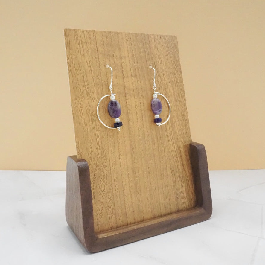 Amethyst, Purple Agate and Faux Pearl Geometric Dangle Earrings
