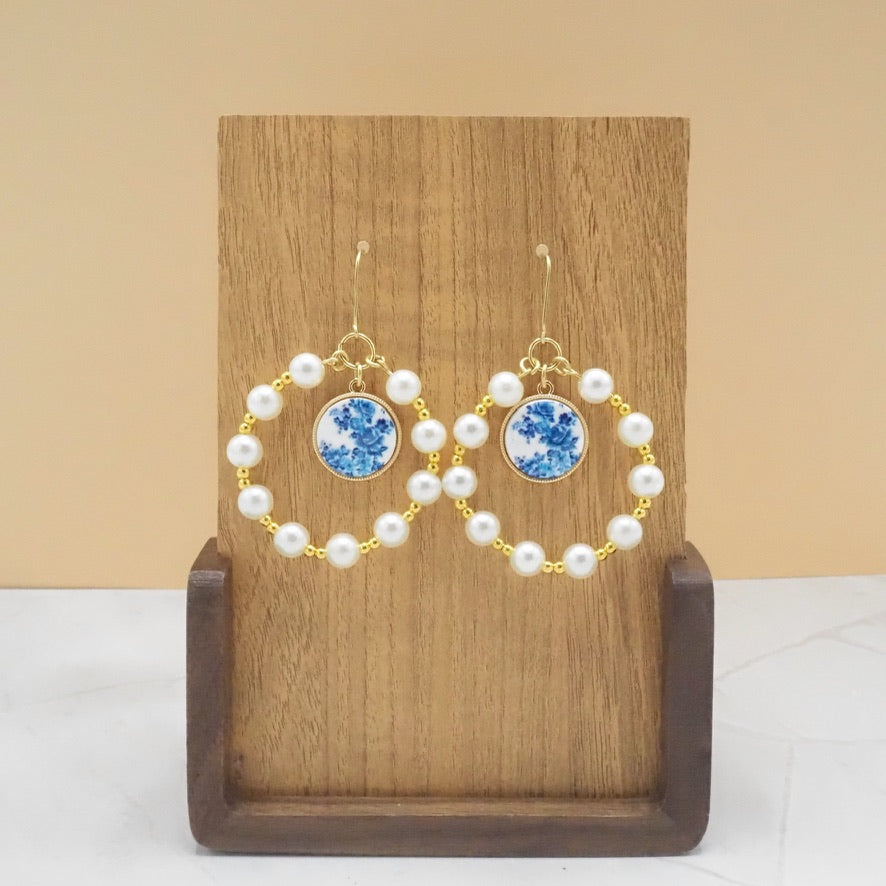Faux Pearl Hoops with Vintage Floral Print Charm