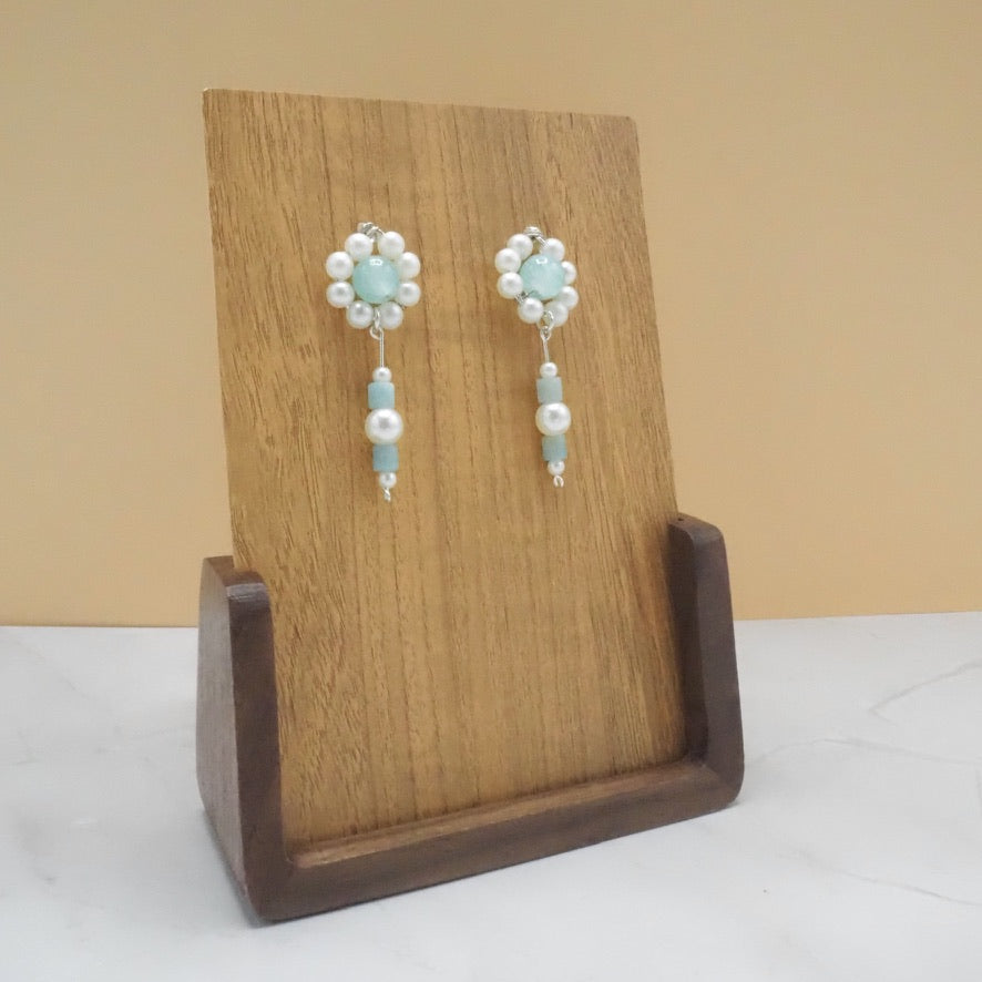 Aqua Glass Bead and Faux Pearl Flower Stud-Drop Earrings