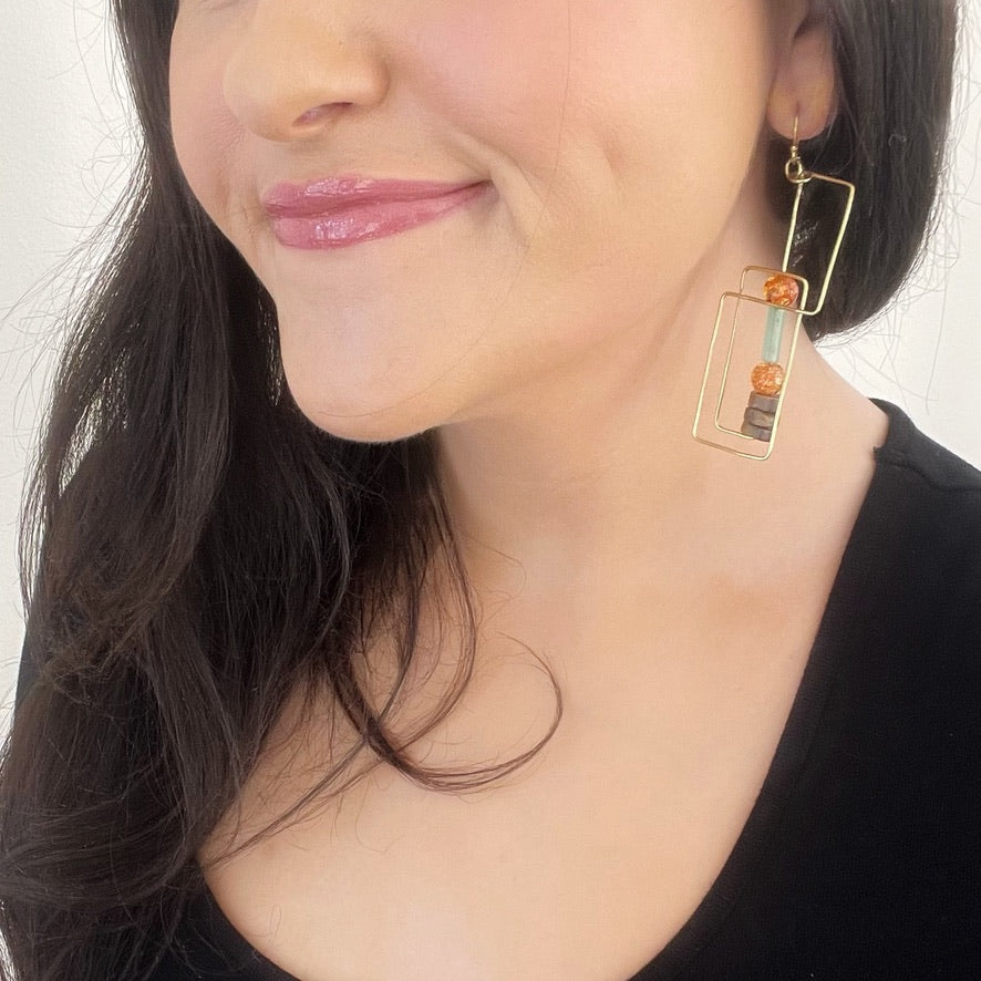 Geometric Earrings with Crackled Quartzite, Green Aventurine and Wood Beads