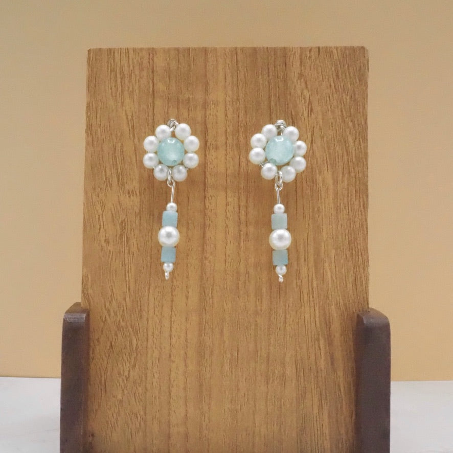 Aqua Glass Bead and Faux Pearl Flower Stud-Drop Earrings