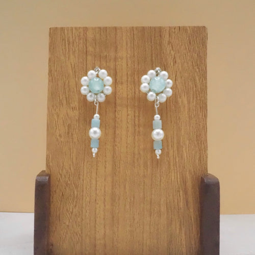 Aqua Glass Bead and Faux Pearl Flower Stud-Drop Earrings