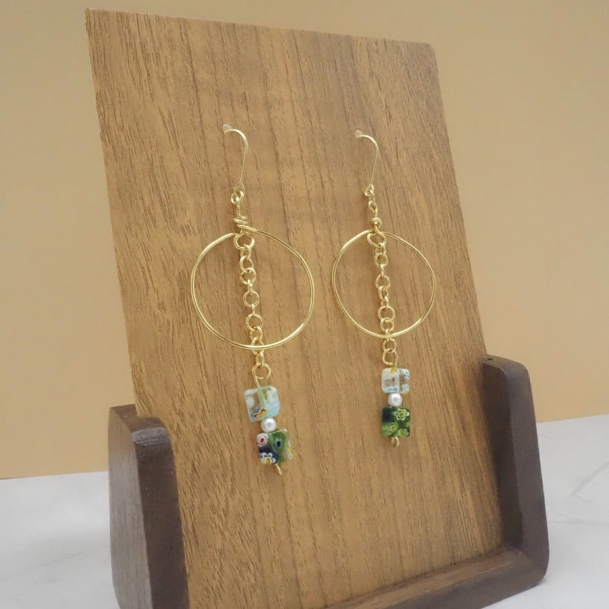 Chain Dangle Hoops with Glass Bead Charms and Faux Pearls