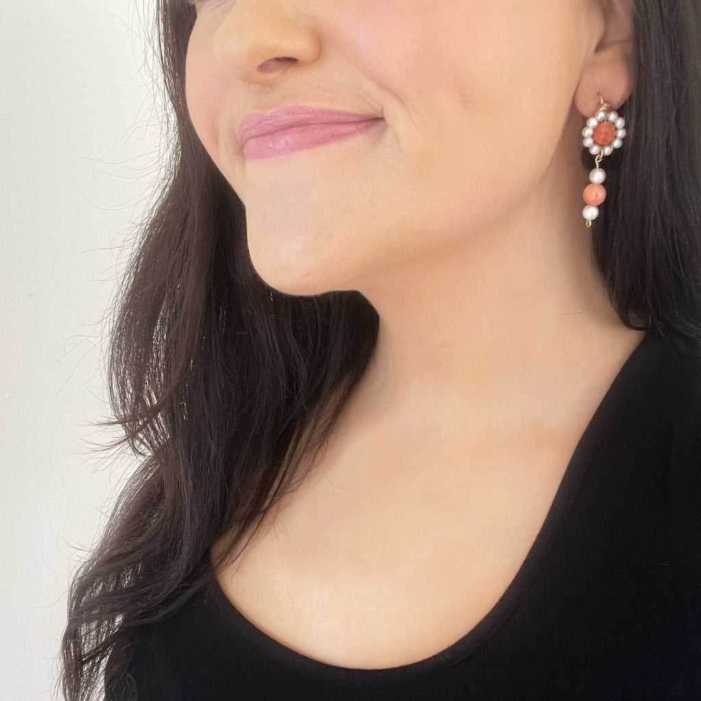 Ruby Quartzite and Faux Pearl Flower Stud-Drop Earrings