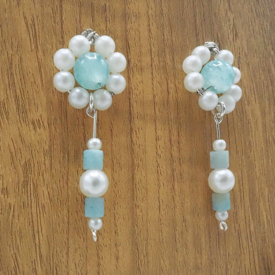 Aqua Glass Bead and Faux Pearl Flower Stud-Drop Earrings