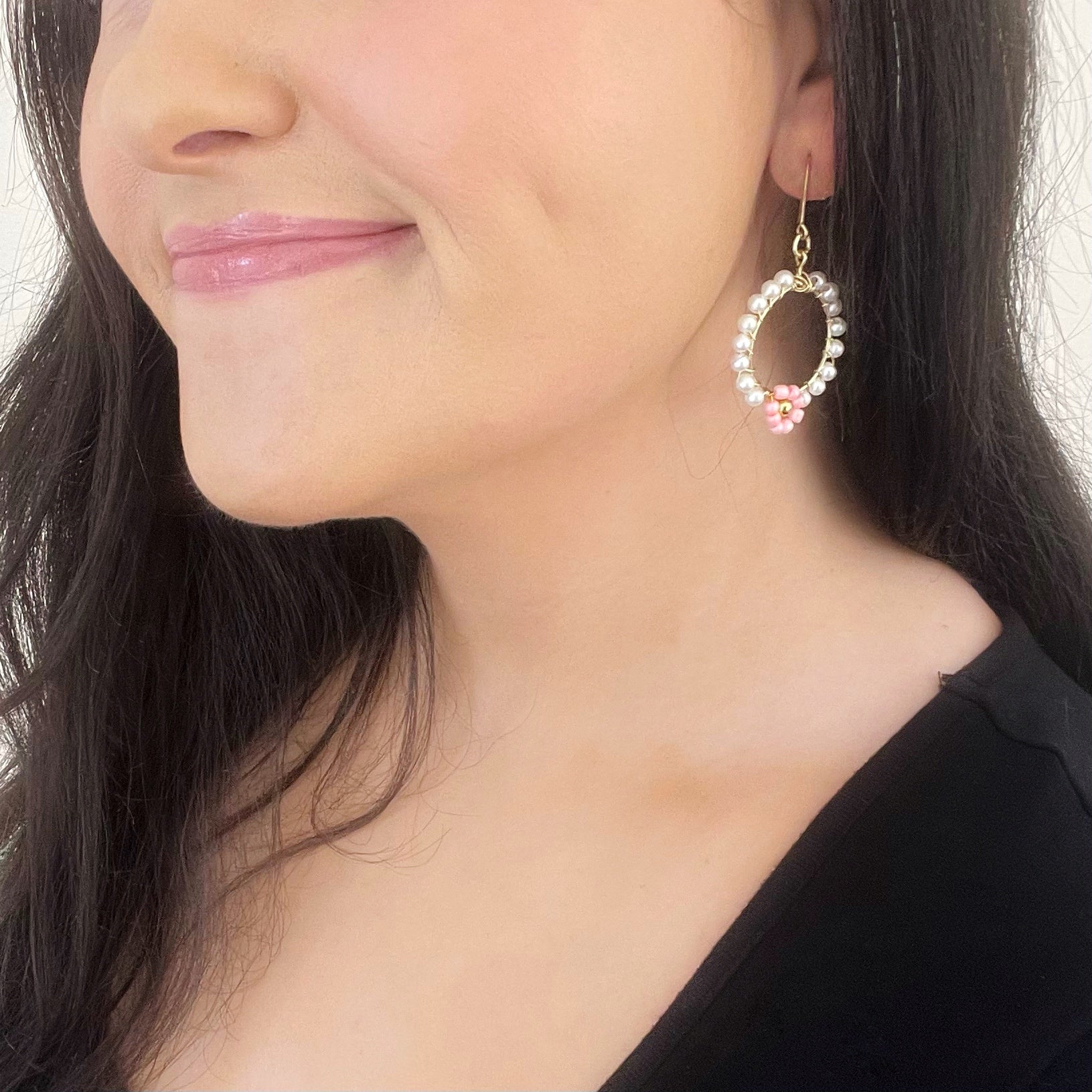 Faux Pearl Floral Dangle Hoops