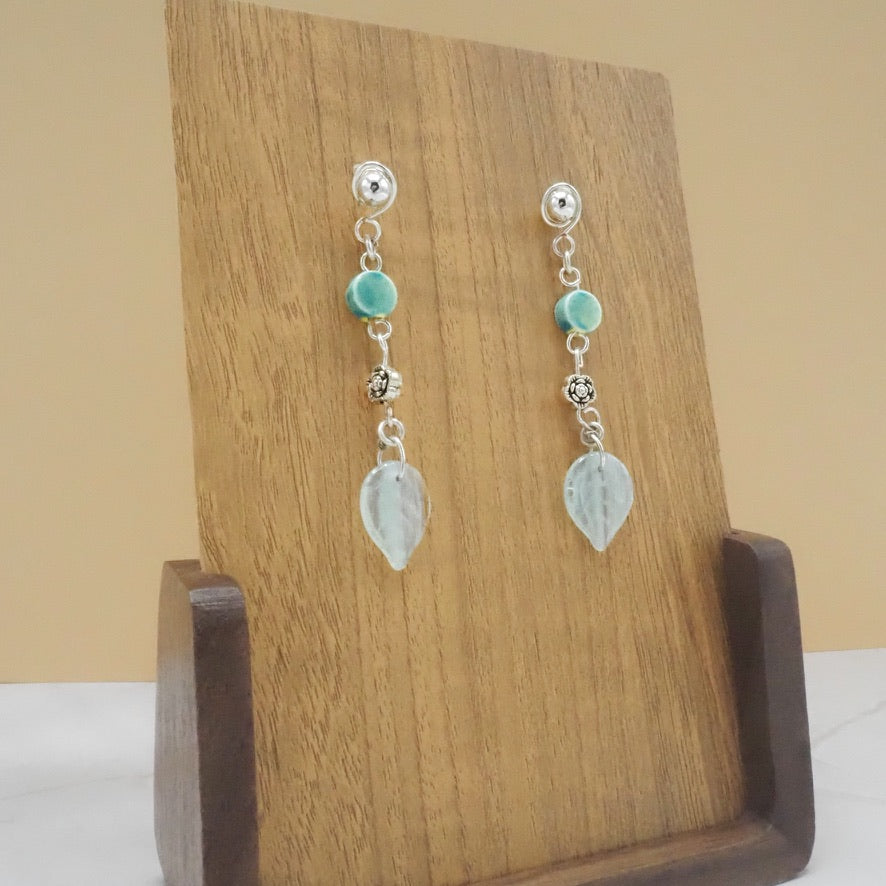 Stud Glass Leaf Dangle Earrings