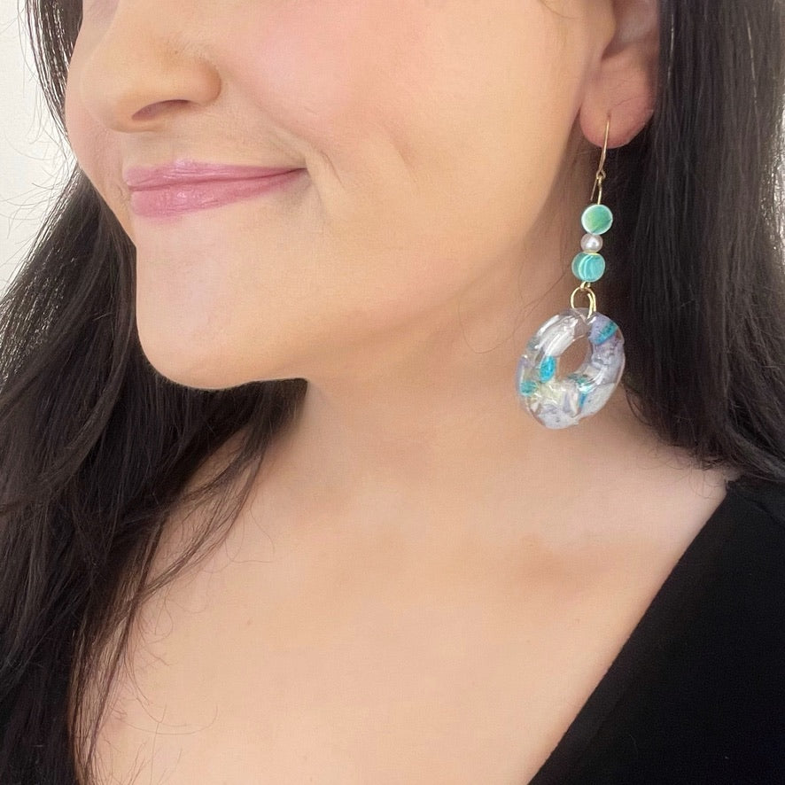 Resin Floral Dangle Earrings with Ceramic Turquoise Beads and Faux Pearls