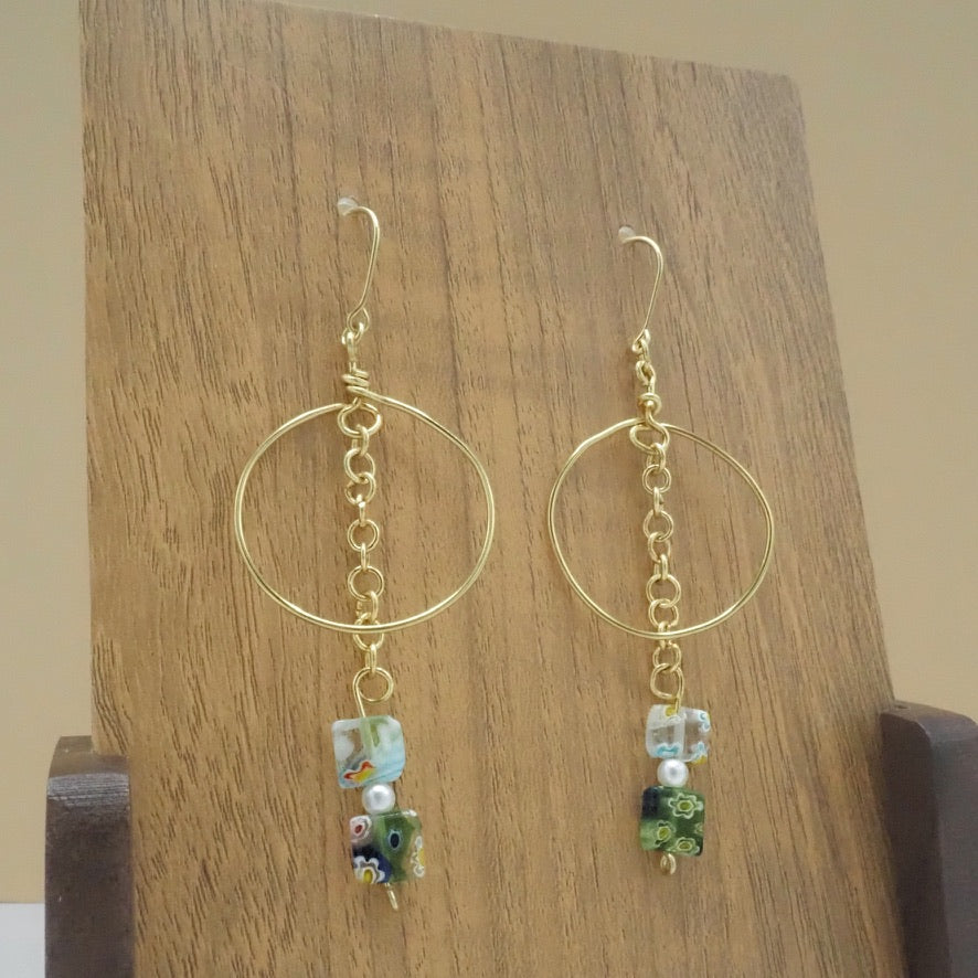 Chain Dangle Hoops with Glass Bead Charms and Faux Pearls