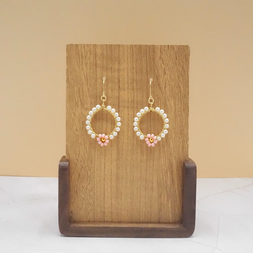 Faux Pearl Floral Dangle Hoops