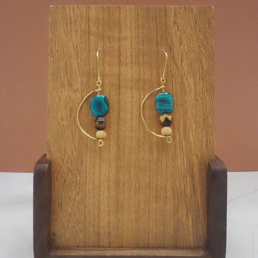 Tiger Eye, Natural Wood and Glass Beads Geometric Earrings