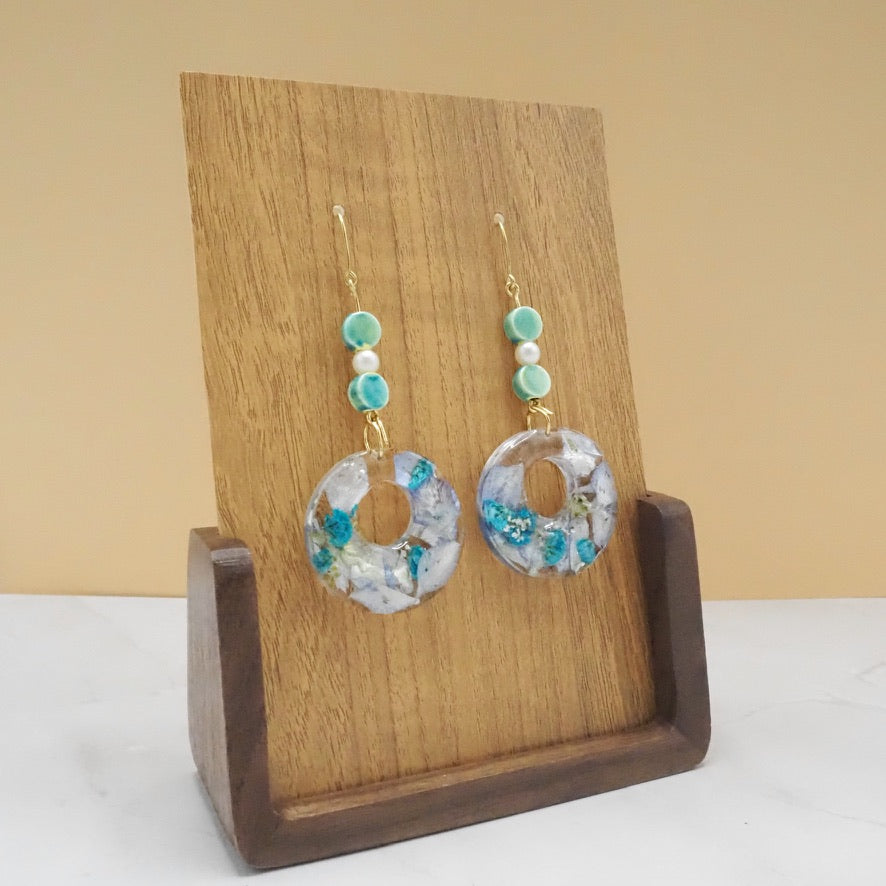 Resin Floral Dangle Earrings with Ceramic Turquoise Beads and Faux Pearls