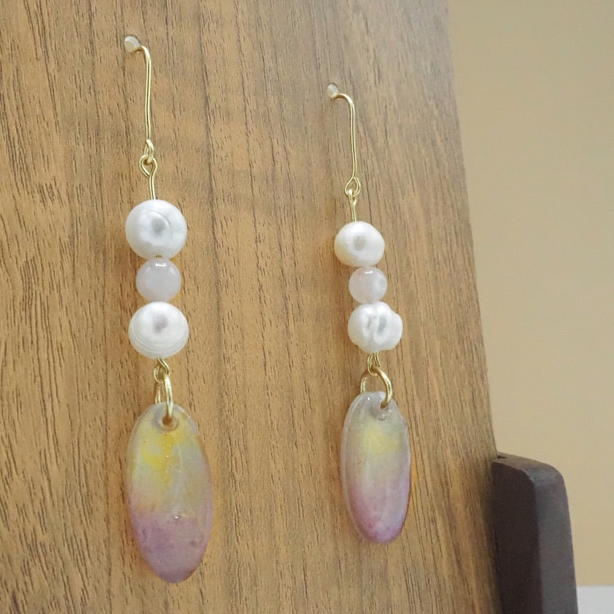 Rose Quartz, Pearl Nugget and Resin Drop Earrings