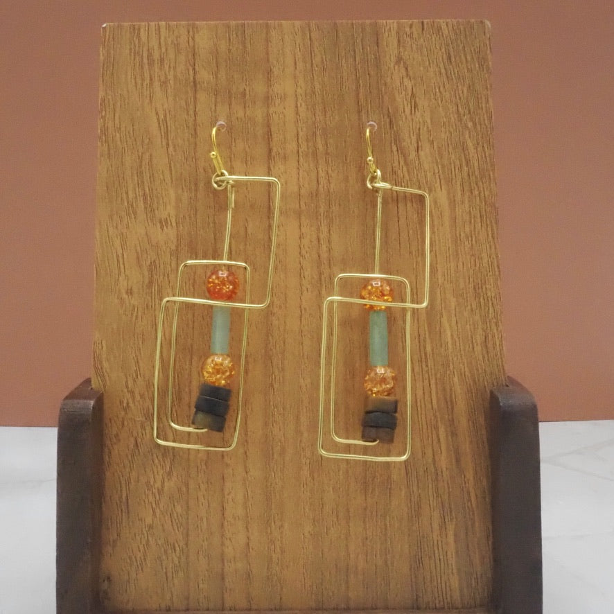 Geometric Earrings with Crackled Quartzite, Green Aventurine and Wood Beads