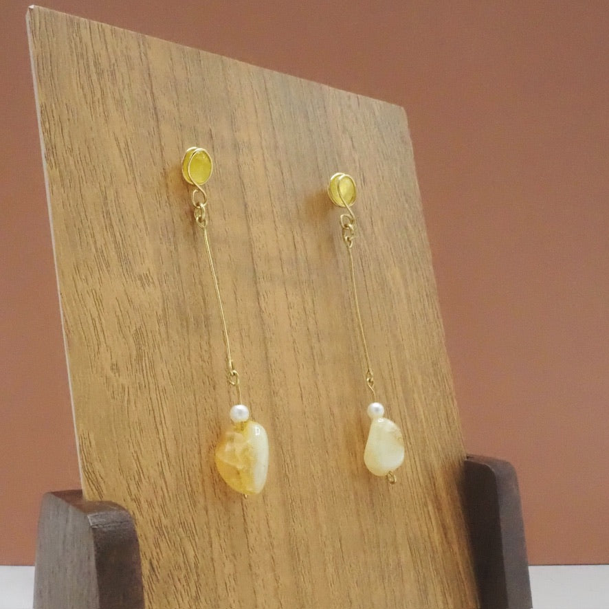 Citrine Chunk, Yellow Agate and Faux Pearl Stud Dangle Earrings