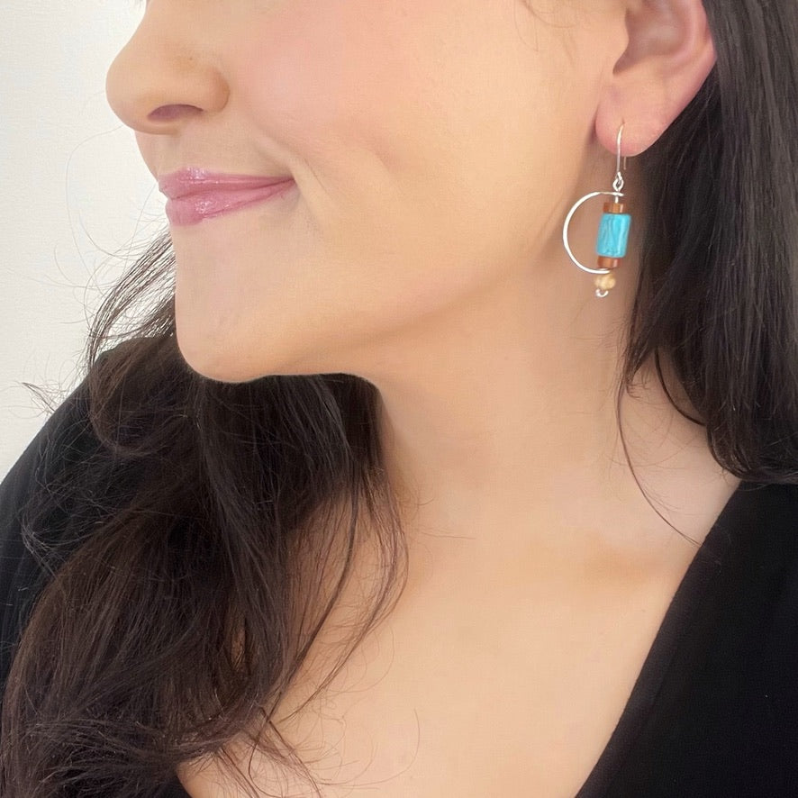 Reconstituted Howlite Turquoise, Natural Wood and Red Agate Geometric Earrings