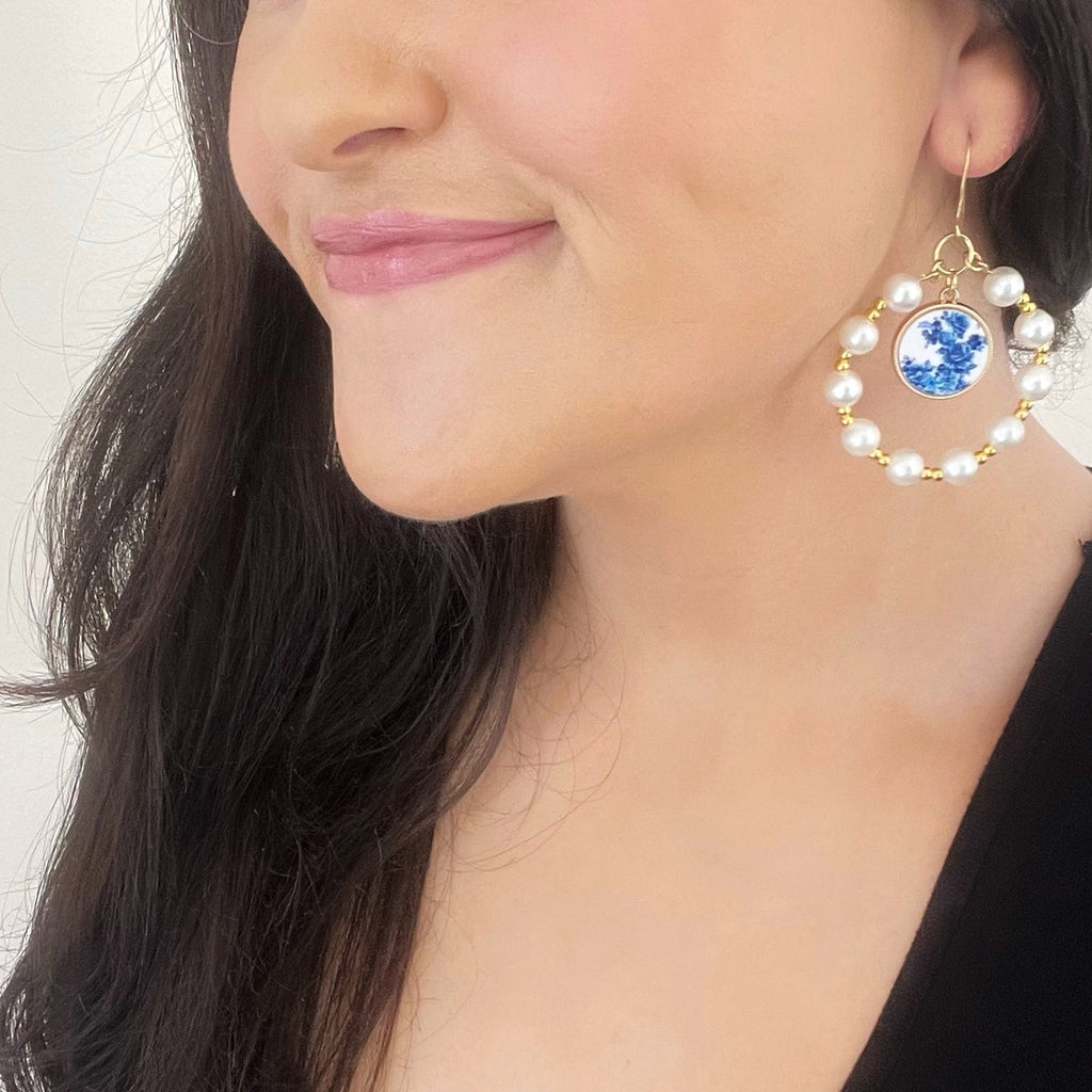 Faux Pearl Hoops with Vintage Floral Print Charm
