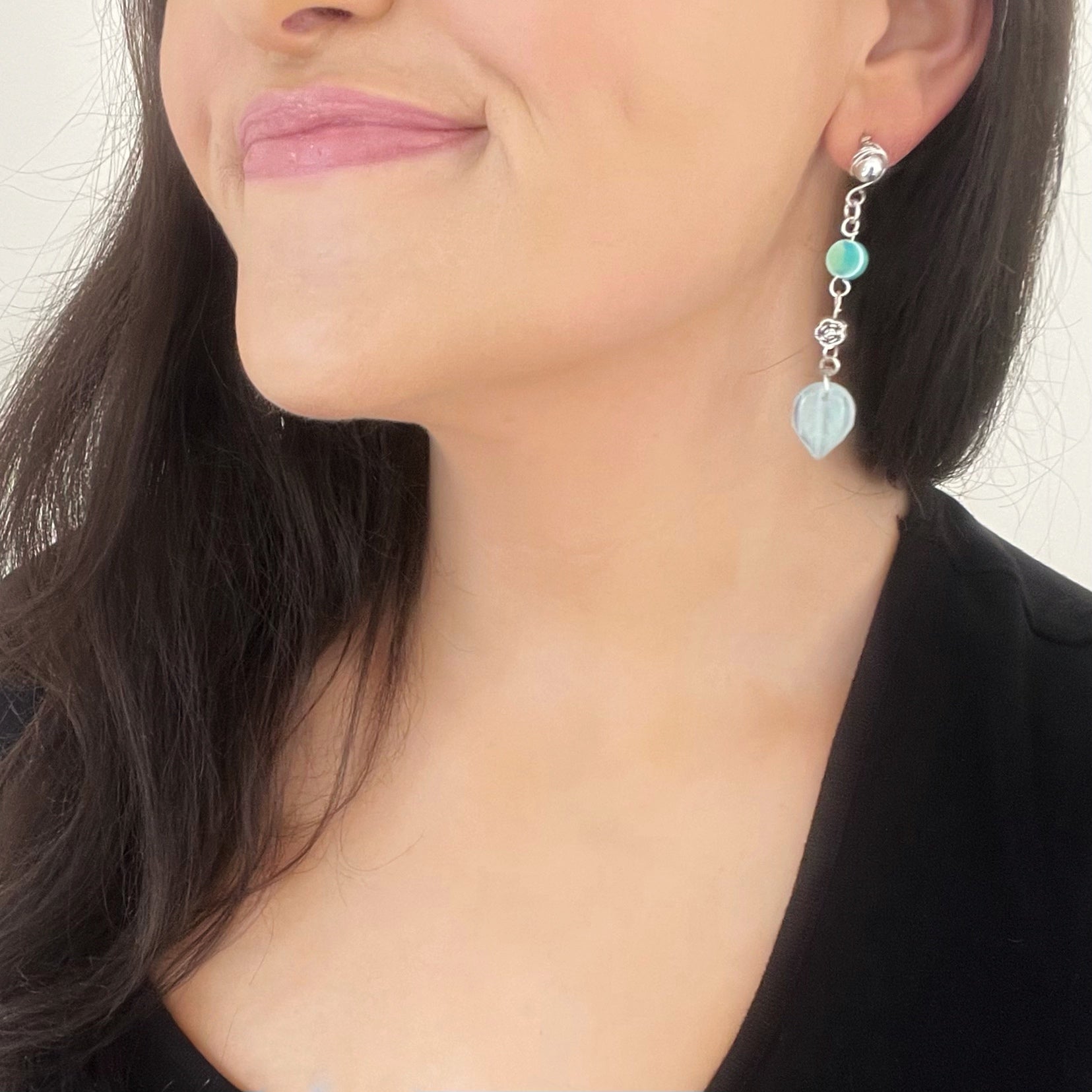 Stud Glass Leaf Dangle Earrings